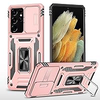 Case for Samsung Galaxy S22/S22 Plus/S22 Ultra,Case with Ring Stand & Full Camera Lens Protection, PC TPU Hybrid Protective Heavy Duty Shockproof Phone Case,Pink,S22 Ultra 6.8''