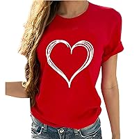 Womens Valentine Shirts Love Heart Print Tops Cute Graphic Tee Teen Girls Short Sleeve Round Neck Loose Fit Blouse