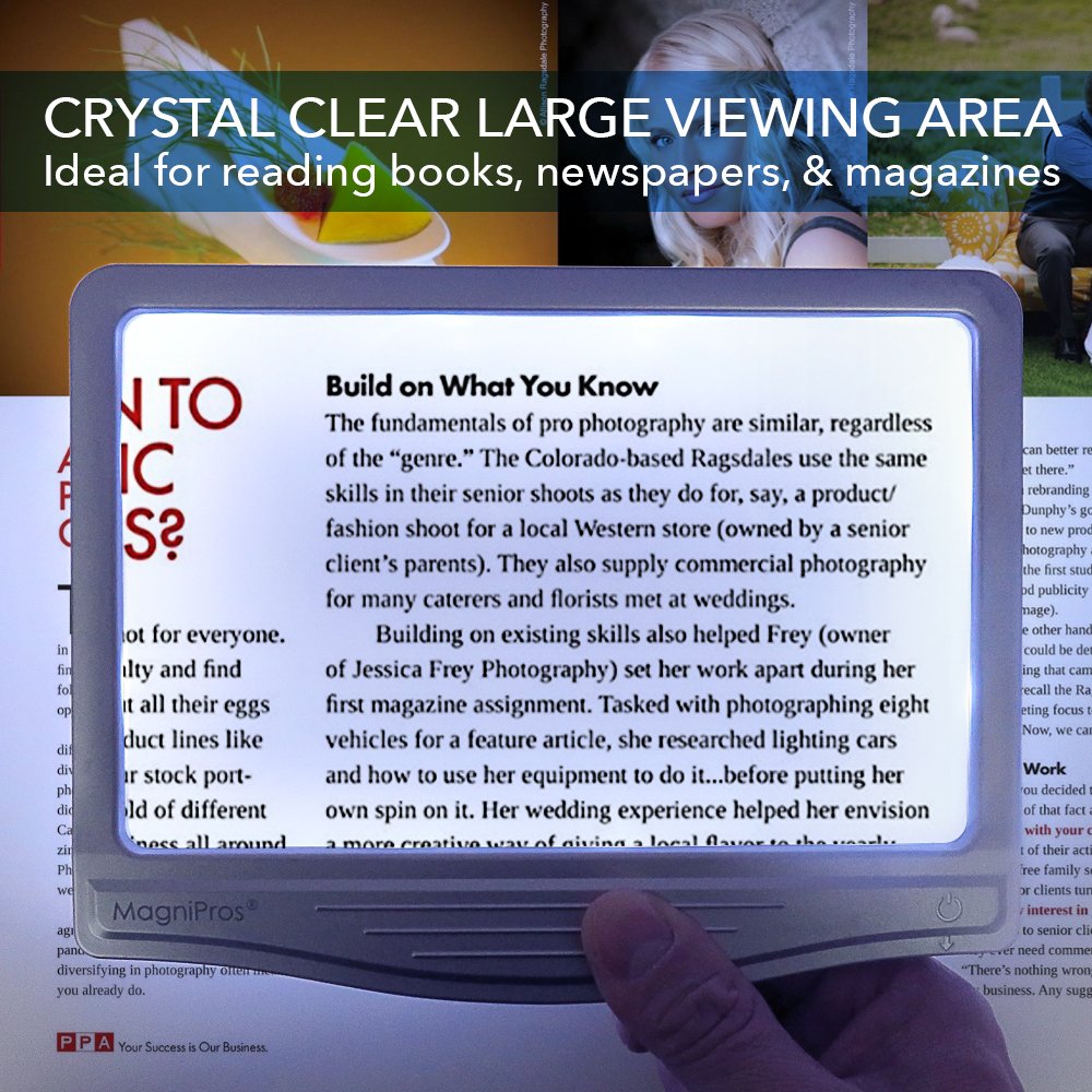 MagniPros 4X Large LED Page Magnifier with Anti-Glare Lens & Fully Dimmable Lights – Evenly Lit Viewing to Reduces Eye Strain - Perfect for Reading Small Print, Aging Eyes, Low Vision and Seniors