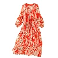 Women Dress Silk Floral Printed V Neck Long Sleeve Elastic High Waist Midi Red A Line Two Piece Set 2782