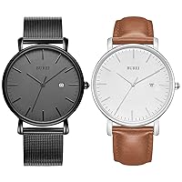 Men's Fashion Minimalist Wrist Watch Analog Deep Gray Date with Black Mesh Band and Brown Belt Watch Combination