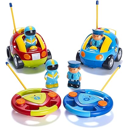 PREXTEX Toddler Remote Control Car, 2pk - Two Cartoon RC Cars: Police & Race Car - Birthday Gifts - Toddler Toys - Gift Toys for 3+ Year Old Boys, 3 Year Old Boy Toys, Car Toys for Boys 3-5 Years Old