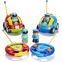 2 Pack Cartoon Remote Control Cars - Police Car and Race Car - Radio Control Toys for Kids, Boys & Girls - Each with Different Frequencies So Both Can Race Together - Gifts for Toddler Boys 18+ Months