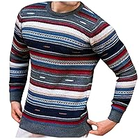 Waffle Knit Sweater,Men's Sweater Loose Round Neck Sweater Long Sleeve Colorful Stripe Casual Bottoming Sweaters