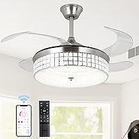 Modern Crystal Ceiling Fan with Light, 42'' Retractable Ceiling Fans with Remote Control,Smart Chandelier Dimmable LED Light for Living Room, Kitchen, Bedroom, Silver Fandelier