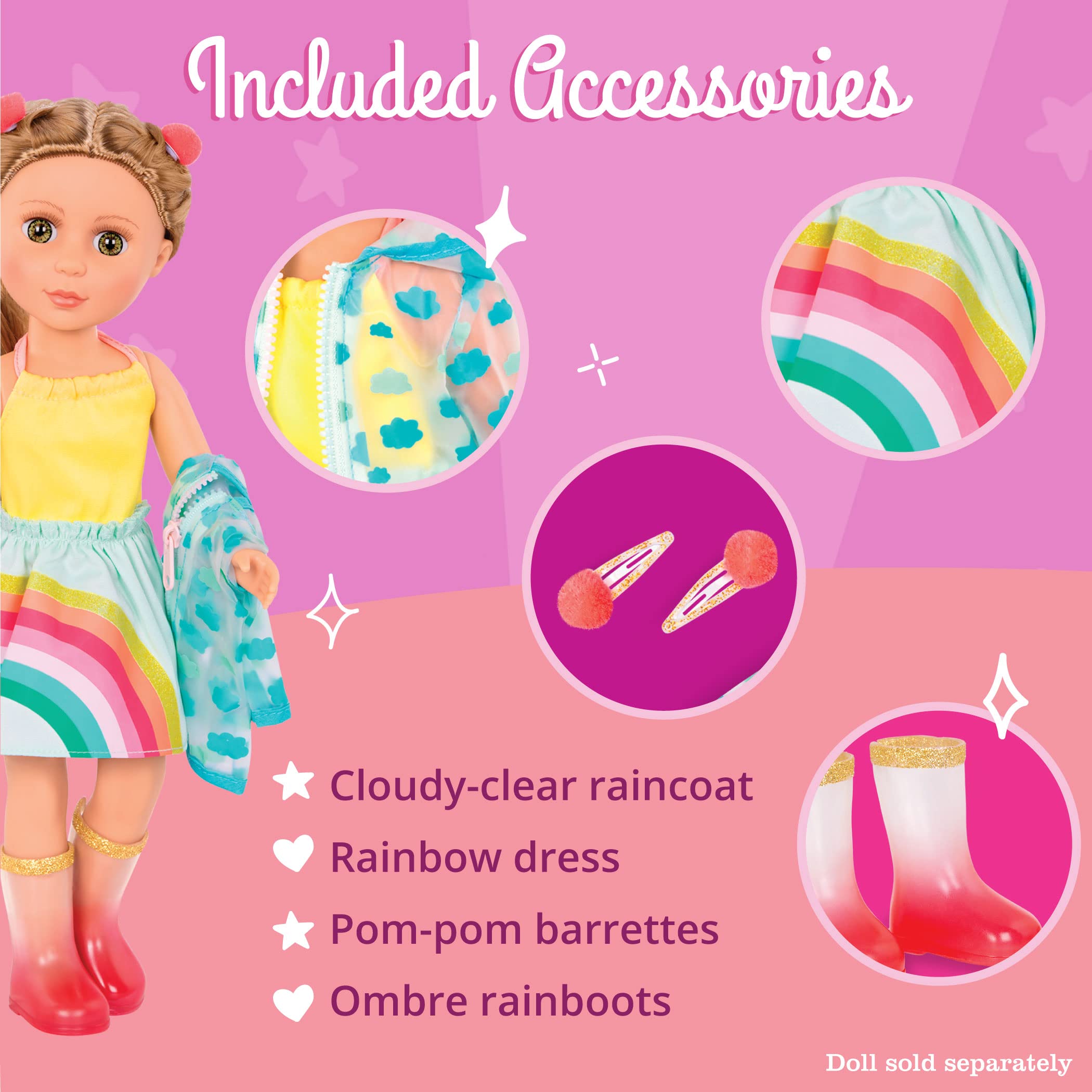 Glitter Girls – 14-inch Doll Clothes - Smile! Rain Or Shine Outfit – Rainbow Dress, Hair Clips, Raincoat, and Rain Boots – Toys, and Accessories for Kids Ages 3 & Up
