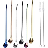 Pack Of 6 Stainless Steel Drinking Straws Spoon Reusable Straws Cocktail Spoon Set Stainless Steel Cocktail Stirrer For Smoothies Milkshakes Cocktail Coffee Beverages