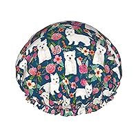 White Dog And Flowers Print Waterproof Shower Cap, Double Layer Waterproof Shower Cap, Reusable Shower Cap