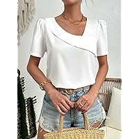 Women's Tops Women's Shirts Sexy Tops for Women Solid Asymmetrical Neck Puff Sleeve Blouse (Color : White, Size : X-Small)