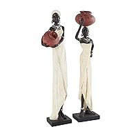 Deco 79 Polystone Woman Decorative Sculpture Standing African Home Decor Statues with Red Water Pots and Black Base, set of 2 Accent Figurines 4
