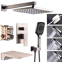 Shower System with Tub Spout 10 Inch Overhead Shower 4 Setting Handheld Spray Rough In Pressure Balance Valve Body with Trim Kit Wall Mounted Rainfall Bathtub Shower Faucet Set (Brushed Nickel)