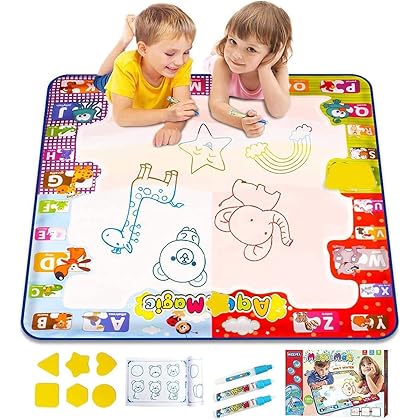 Water Doodle Mat, Kids Large Aqua Coloring Mat, Mess Free Drawing Mat with Neon Colors, Educational Toy for 2 3 4 5 Years Old Kids,Boys,Girls