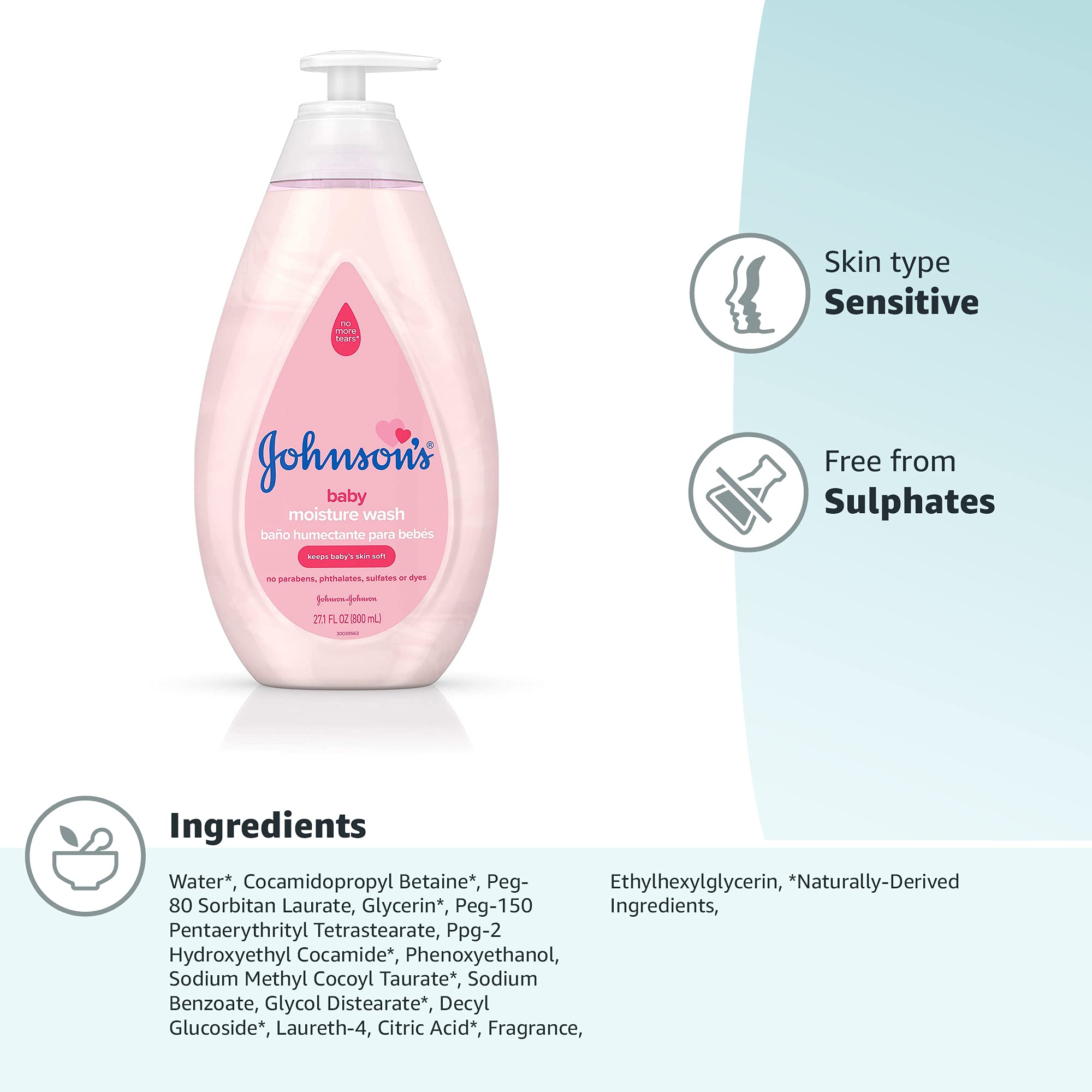 Johnson's Baby Body Moisture Wash for Gentle Baby Skin Care, Sulfate-Free, Tear-Free, Hypoallergenic Baby Wash, 27.1 fl. oz