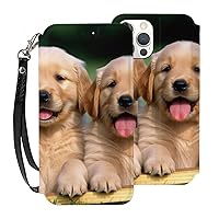 Golden Retriever Dogs Puppies Pets Wallet Cases for iPhone 12 with Card Holder - Flip Leather Phone Wallet Case Cover with Card Slots and Wrist Strap,6.1 Inch