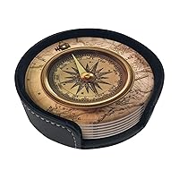 Law of The Compass Navigation Print Leather Coasters Set of 6 Waterproof Heat-Resistant Drink Coasters Round Cup Mat with Holder for Living Room Kitchen Bar Coffee Decor