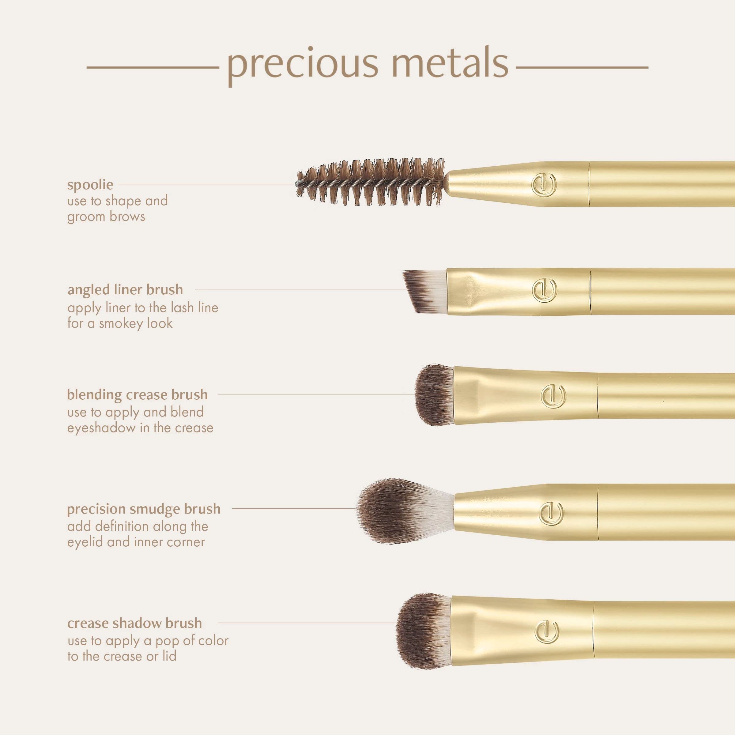 EcoTools Precious Metals Brightening Eye Kit, Precision Makeup Brushes For Eyeshadow, Brows, & Liner, Eco-friendly Makeup Brush Set, Sustainable Recycled Aluminum, Cruelty-Free, Chrome, 5 Piece Set