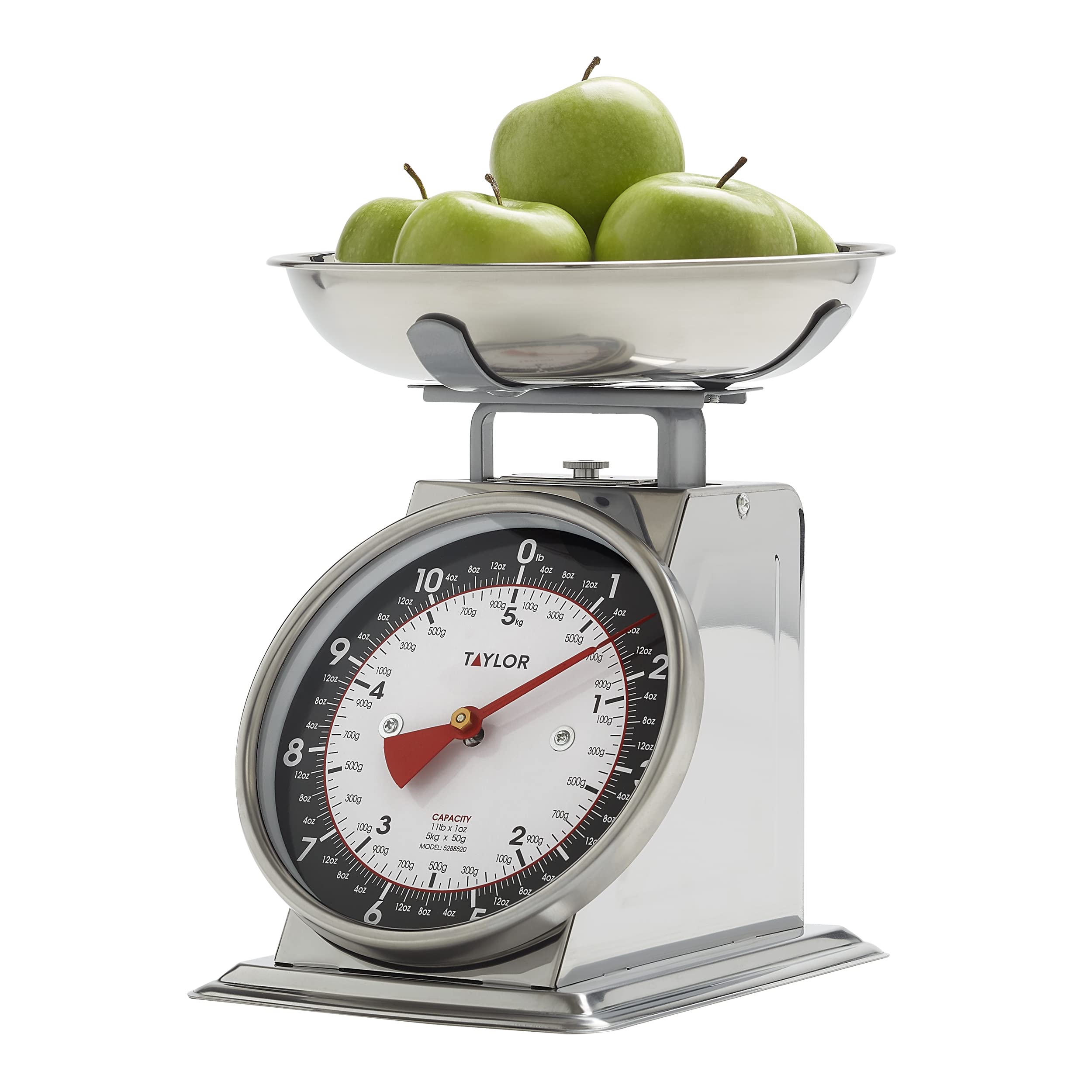 Taylor Mechanical Kitchen Weighing Food Scale Weighs up to 11lbs, Measures in Grams and Ounces, Black and Silver