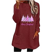 Womens Merry Christmas Tunic Tops Fluffy Sherpa Xmas Trees Print Long Sleeve Crewneck Sweatshirts Casual Pullover