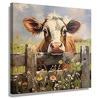 Cow Canvas Wall Decor Rustic Farmhouse Cow Painting Canvas Print Wall Art Flowers Cow Poster Painting Framed Artwork for Bedroom Kitchen Living Room Decor-16 x16