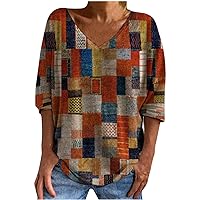 2023 Womens Vintage Ethnic Stylish Tops 3/4 Sleeve V Neck Fashion Blouses Summer Casual Loose Fit Dressy Work Shirts