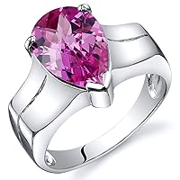 PEORA Created Pink Sapphire Ring in Sterling Silver, Cathedral Solitaire Pear Shape, 3.75 Carats 12x8mm, Comfort Fit, Sizes 5 to 9