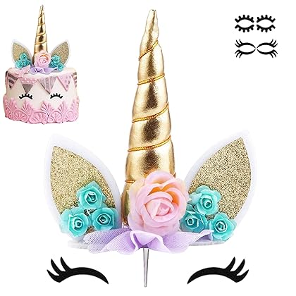 Unicorn Cake Topper Party Supplies Decorations for Girls Gold Unicorn Horn First Birthday Cake Topper Kit with Eyelashes, 5.8 Inch