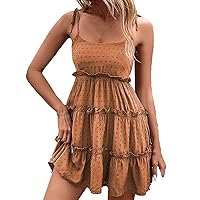 Womens Swiss Dot Mini Dress Tie Knot Spaghetti Strap Sleeveless Cami Dress Summer Casual Ruffle Flowy Tiered Sundress