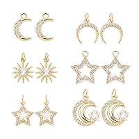 SUPERFINDINGS 12Pcs 6 Styles Brass Cubic Zirconia Sun Moon and Star Charms Rhinestone Starry Dangle Charms Crystal Celestial Charm Pendants for DIY Jewelry Making,Hole:1.2-3mm