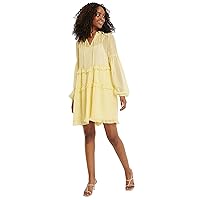 Elina fashion Women's Faux Georgette Flared Mini Long Sleeve Solid Dress V-Neck Summer Casual Tiered Dresses