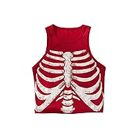 SHENHE Women's Ribbed Knit Skeleton Print Crew Neck Graphic Fitted Crop Tank Top Shirt