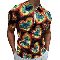 Tie-dye Love Men's Zippered Polo Shirts Short Sleeve Golf T-Shirt Regular Fit Casual Tees