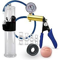 LeLuv Ultima Penis Pump | Blue Silicone Grips & Premium Hose | Gauge, Vibration + Sleeve, Donut & Constriction Rings | 12