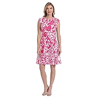 London Times Women's Floral Print Fit and Flare with Contrast Border at Hem