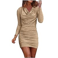 Women's Bodycon Mini Dress Sparkly Long Sleeve Dresses Ruched Cowl Neck Short Club Cocktail Wedding Guest Dresses