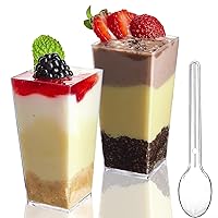 TOFLEN 50 Pack 3 oz Mini Dessert Cups with Spoons, Square Tall Clear Plastic Dessert Shooters Party Serving Tumbler Cups for Parfait Puddings Appetizers & Dessert Shot Glasses