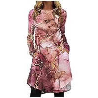 Trendy Plus Size Midi Dress for Women,Casual Fall Winter Long Sleeve Elegant Smocked Flowy Floral T Shirt Dress