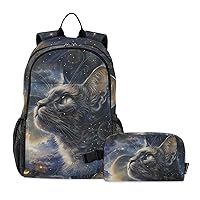 ALAZA Cat Starry Sky Galaxy Backpack and Lunch Bag Set for Boys Girls School Bookbag Cooler Kits