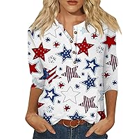 Fourth of July Shirts for Women 3/4 Sleeve Scoop Neck Tops Red White Blue Printed Graphic Tees Button Down Blouses