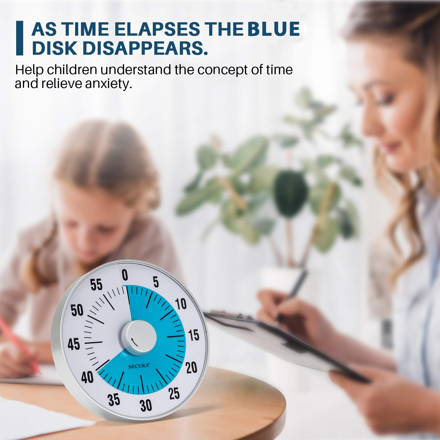 Secura 7.5-Inch Oversize Visual Countdown Timer, 60-Minute Kitchen Timer | Time Management Tool for Kids, Teachers and Adults (Blue)