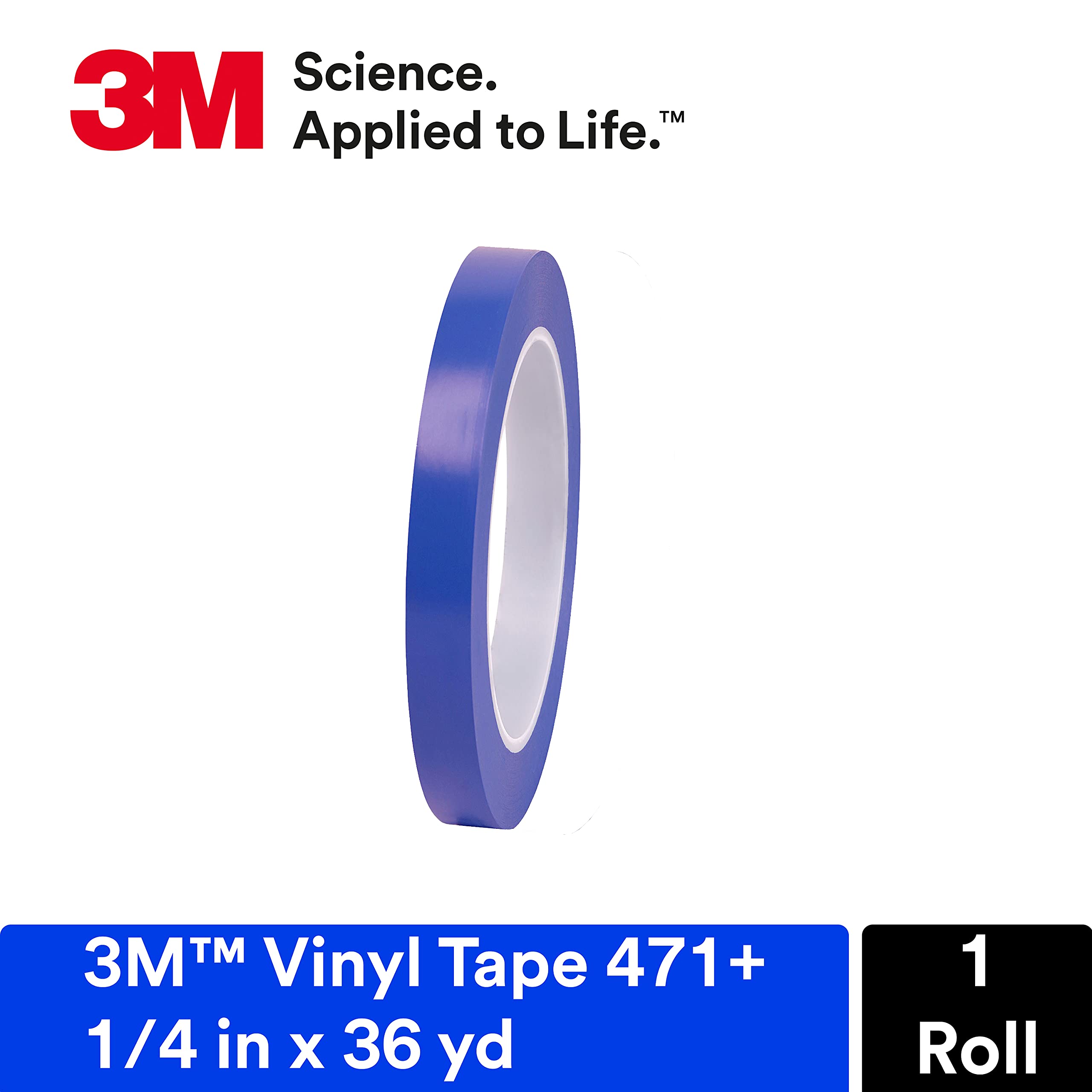 3M Vinyl Tape 471+, 1/4 in x 36 yd, Indigo, 1 Roll, Fine Line Tape for Paint Masking Striping, Color Separation and Complex Designs, High-Temperature, Stretch