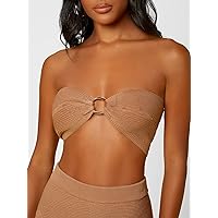 Women's T-Shirts 1pc Ring Linked Crop Knit Tube Top T-Shirts (Color : Camel, Size : Large)