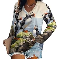 Puffin Bird Women's Long Sleeve Shirts Athletic Workout T-Shirts V Neck Sweatshirts Casual Tops
