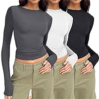 Womens 3 Piece Long Sleeve Shirts Fashion Solid Colour Casual Pullover Bottom Shirt T-Tops Three Pack Shirts, XS-XL