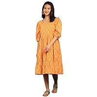 Women's Ikat Yellow Cotton Midi Dress