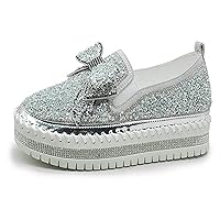 Women's Fashion Sneakers Platform Rhinestones Glitter Slip On Casual Shoes Cute Bowknot Flat Loafers Walking