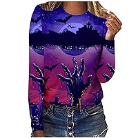 Fall Long Sleeve T Shirt for Womens Casual Dressy Blouse Loose Round Neck Cute Tee 2024 Halloween Holiday Tshirts