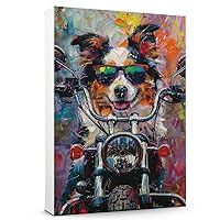 Hudo Funny Australian Stumpy Tail Cattle Dog Riding A Motorcycle Vintage Poster, Australian Stumpy Tail Cattle Dog Canvas Wall Art - Bathroom Decor Wall Art - Mens Gifts