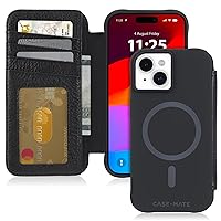 Case-Mate Wallet Folio iPhone 15 Case - Black [12ft Drop Protection] [Compatible with MagSafe] Magnetic Flip Folio Cover Made with Genuine Pebbled Leather, Landscape Phone Stand, Cash and Card Holder