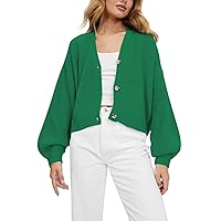 Women's 2023 Fall Button Down V Neck Batwing Long Sleeve Ribbed Knit Cropped Cardigan Sweater Top