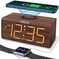 DreamSky Wooden Digital Alarm Clock with Wireless Charging, 18W Fast Charger Station for Bedroom Bedside, Large Numbers, USB Port, Adjustable Volume, Brightness Dimmer, DST